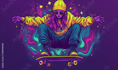 Vibrant illustration of a stylish young woman skateboarding, dynamic pose, neon colors, abstract background.