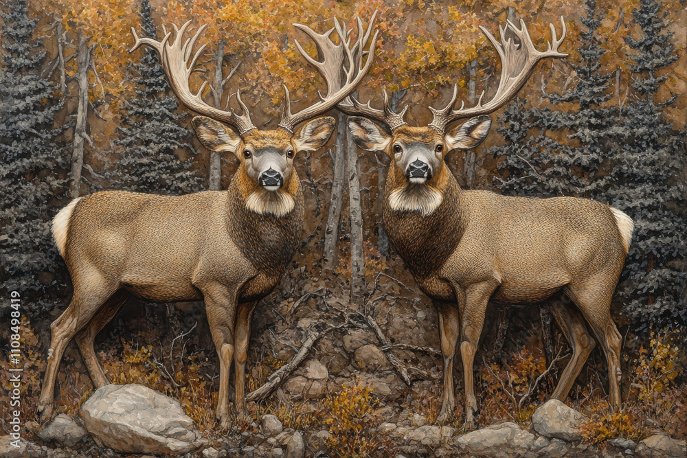 Obraz premium Two majestic deer stand in forest with autumn foliage