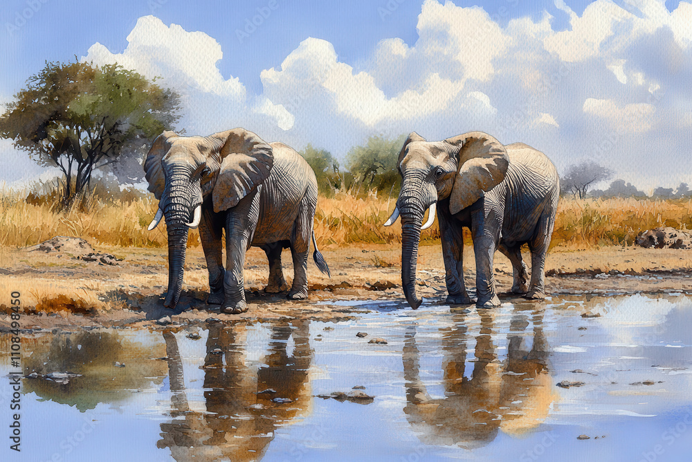 Fototapeta premium Two elephants stand by waterhole under bright sky