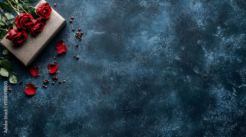 Romantic Gift Box with Red Roses and Petals on Dark Background