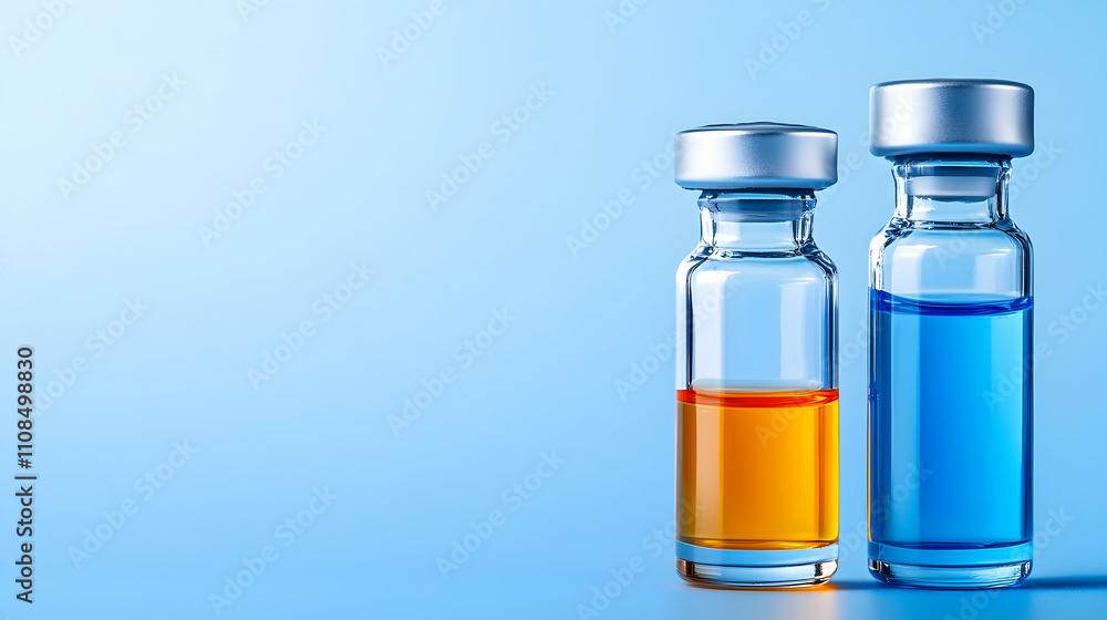 Colorful Glass Vials with Liquid Against Light Blue Background Colorful Glass Vials with Liquid Against Light Blue Background
