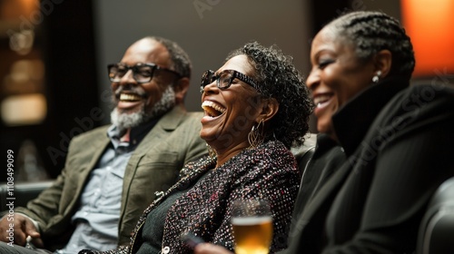 A group of coworkers laughing together in a relaxed office lounge photo