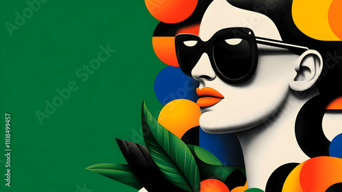 Woman in Sunglasses Against Colorful Background with Tropical Elements