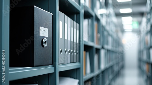 Neat and Organized Archive with Black Storage Box and Grey Filing Binders in Modern Office Environment, Perfect for Business or Professional Use