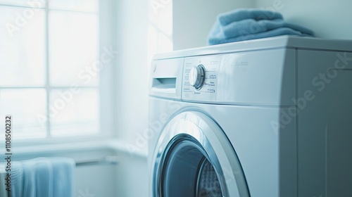 Wallpaper Mural Modern Washing Machine in Bright Laundry Room with Soft Blue Towels and Window Light Enhancing a Clean and Fresh Atmosphere for Home and Domestic Use Torontodigital.ca