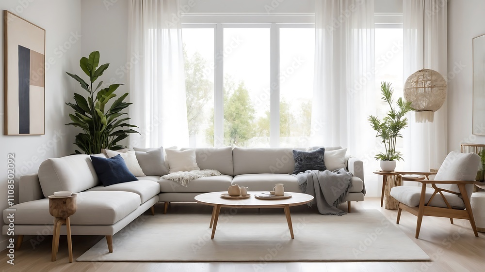 White modern interior design with sofa. Scandinavian interior design. 3D illustration. White modern interior design with sofa. Scandinavian interior design. 3D illustration.