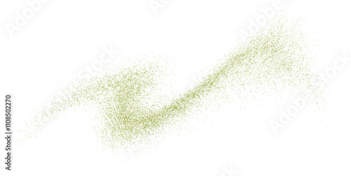 Flying matcha powder, dust particles in motion, green splash isolated on white background. Vector illustration.
