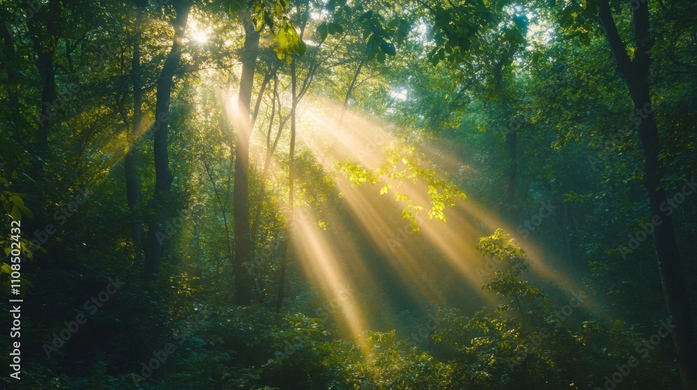 Obraz premium Sunlight Streaming Through a Dense Forest