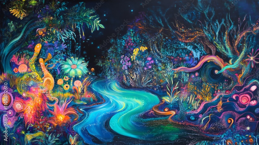 Naklejka premium A Winding River Through a Magical, Glowing Forest