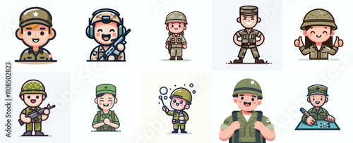 Vector set of a happy soldier with a simple flat design style