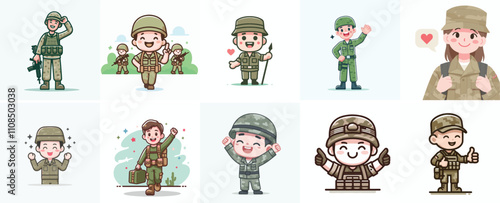 Vector set of a happy soldier with a simple flat design style