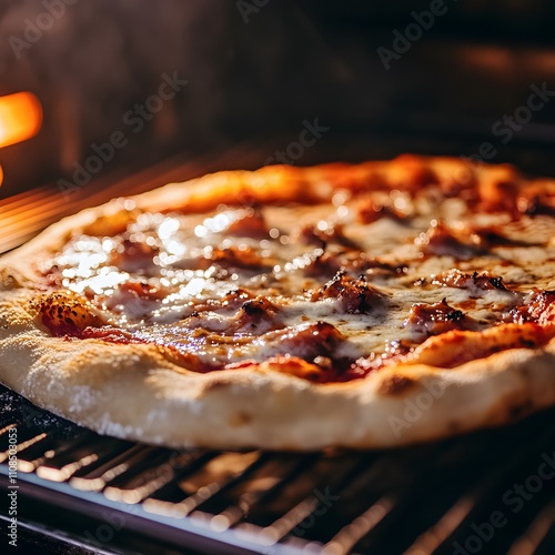 A pizza being placed in a preheated oven, capturing the anticipation and transformation as it bakes to perfection. photo