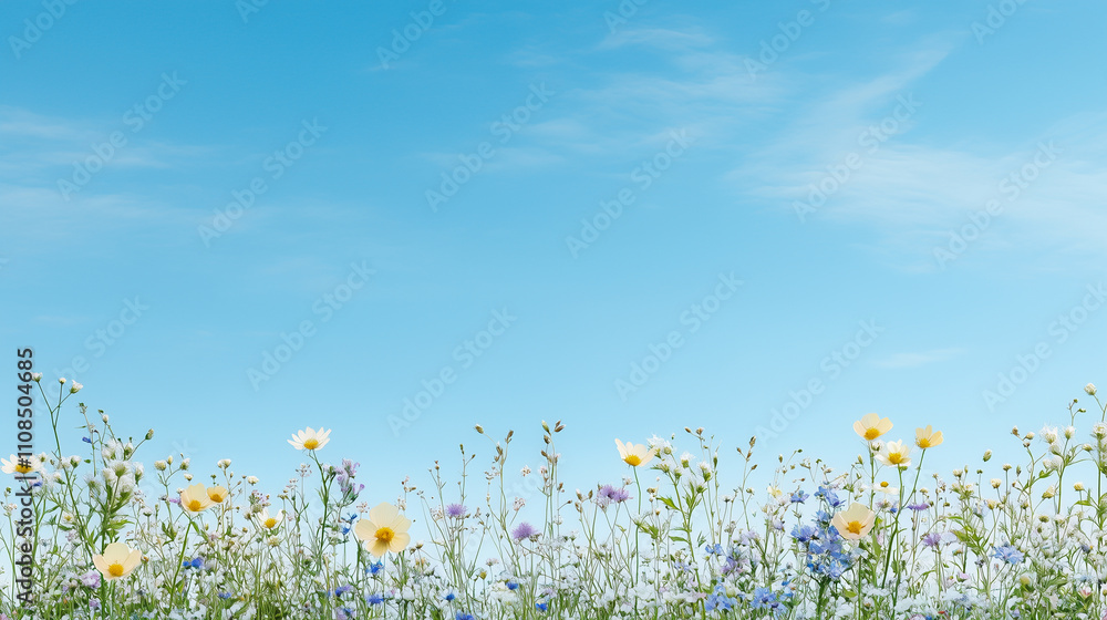 Fototapeta premium Spring Meadow with Long Grass, Wild Flowers and clear blue sky. Nature Background with space for text 