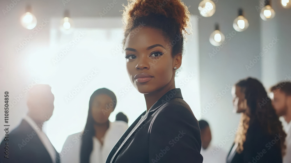 Obraz premium A confident woman in a business setting, surrounded by a diverse group of people.