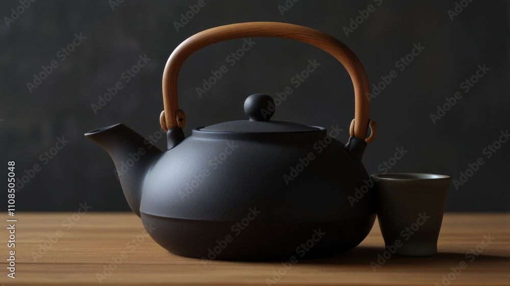 Dark teapot with wooden handle and small cup on wooden surface. Dark teapot with wooden handle and small cup on wooden surface.