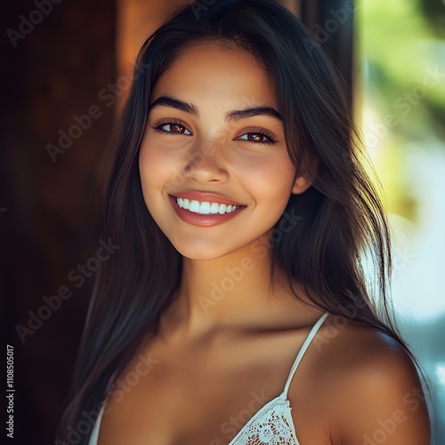 A portrait of a beautiful young Latin woman smiling, capturing her charm and elegance. photo