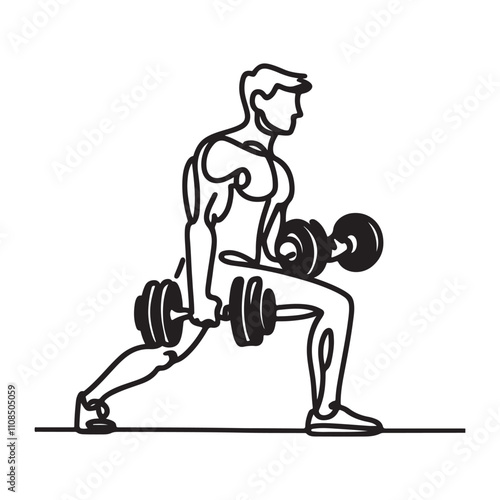 One continuous single drawing black line art doodle of a person performing squats with a barbell, illustration on white background