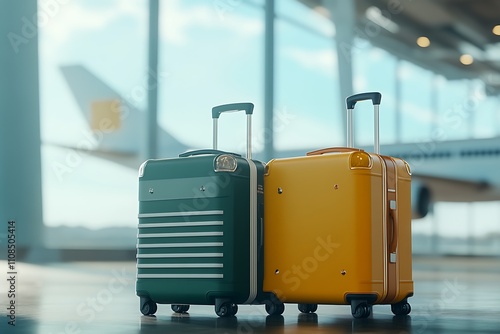 Two stylish suitcases, one green and one yellow, sit on a polished airport floor, with a blurred airplane tail in the background. photo