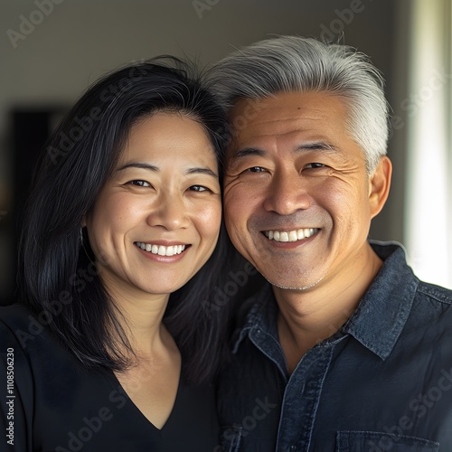 A portrait of a happy Asian middle-aged couple smiling warmly at the camera, set against a plain, isolated background. photo