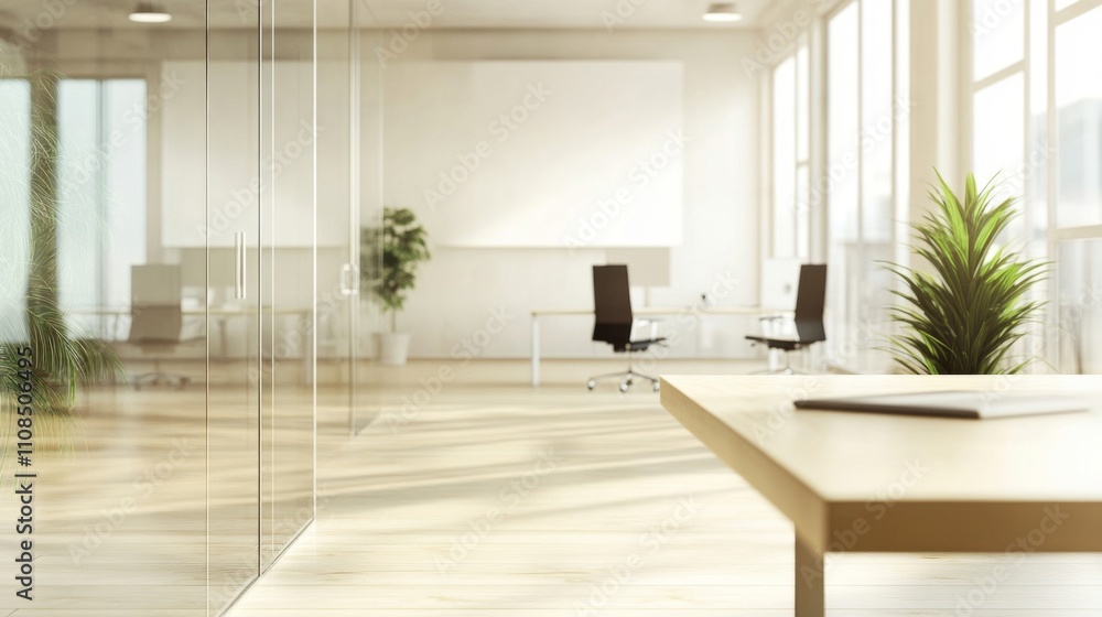 Fototapeta premium Minimalist Modern Office Space with Glass Partitions and Wooden Desk