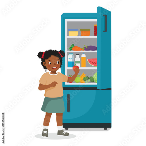 Cute little African girl taking apple out of refrigerator