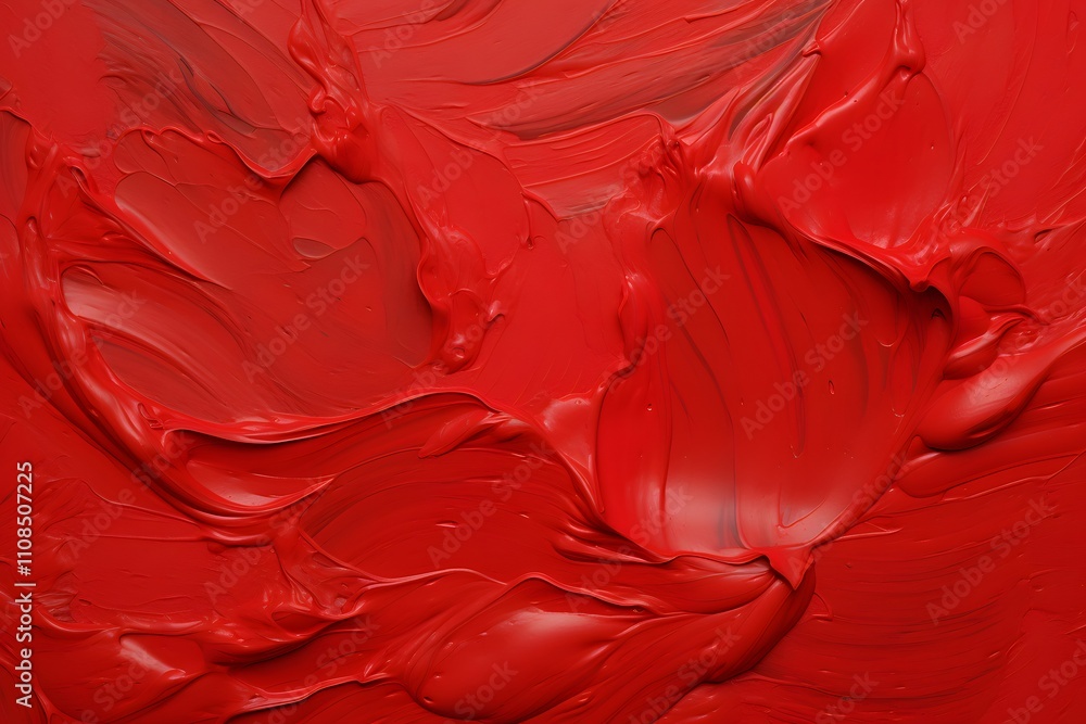 Obraz premium A vibrant red paint texture showcasing thick, swirling strokes and glossy finish.