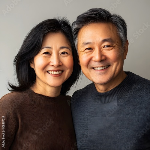 A portrait of a happy Asian middle-aged couple smiling warmly at the camera, set against a plain, isolated background. photo