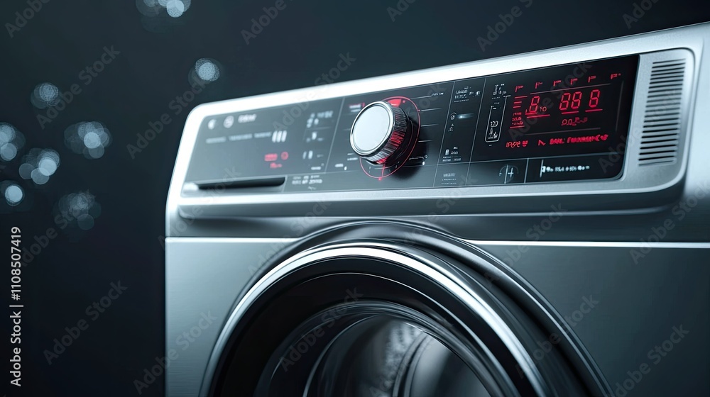 Modern washing machine control panel with digital display, sleek design, user interface, and stylish aesthetic in a contemporary laundry room setting Modern washing machine control panel with digital display, sleek design, user interface, and stylish aesthetic in a contemporary laundry room setting