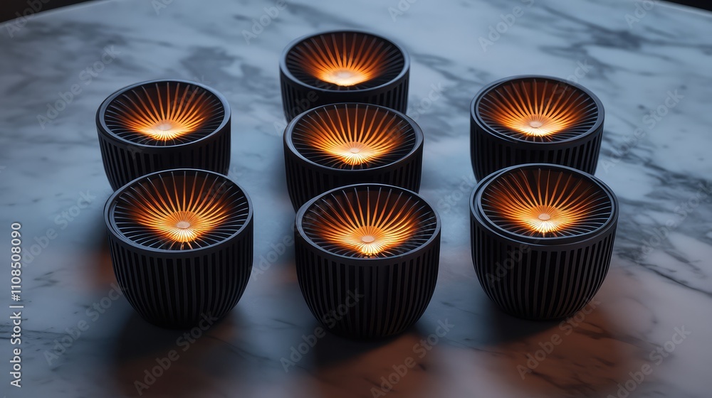 Elegant Ceramic Candle Holders with Warm Glow on Marble Surface Elegant Ceramic Candle Holders with Warm Glow on Marble Surface