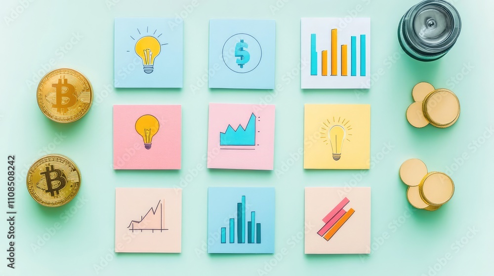 Fototapeta premium Creative Business Concepts with Sticky Notes and Cryptocurrency Coins