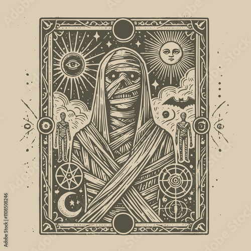 mummy ouija tarot tattoo featuring ancient runes