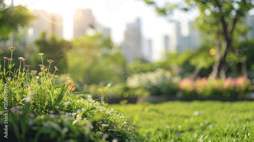 Amidst the blurred cityscape gardeners work together to create a green space where community and nature can thrive. #1108509099