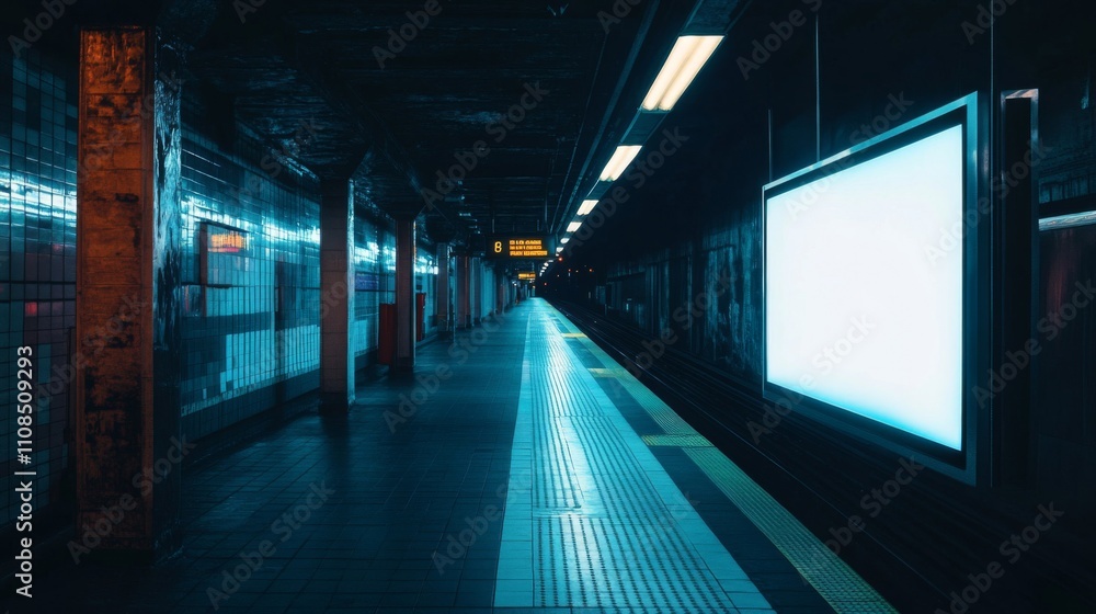 Fototapeta premium Empty Subway Platform with Blank Billboard and Blue Lighting