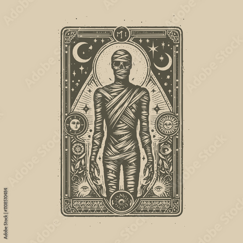 unique mummy ouija tarot tattoo with bold lines