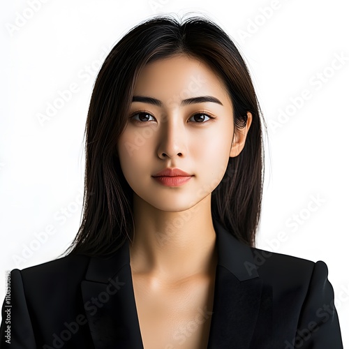 A portrait of a young Asian businessman in formal wear, exuding confidence and professionalism, with an isolated background emphasizing his poised and assertive demeanor. photo