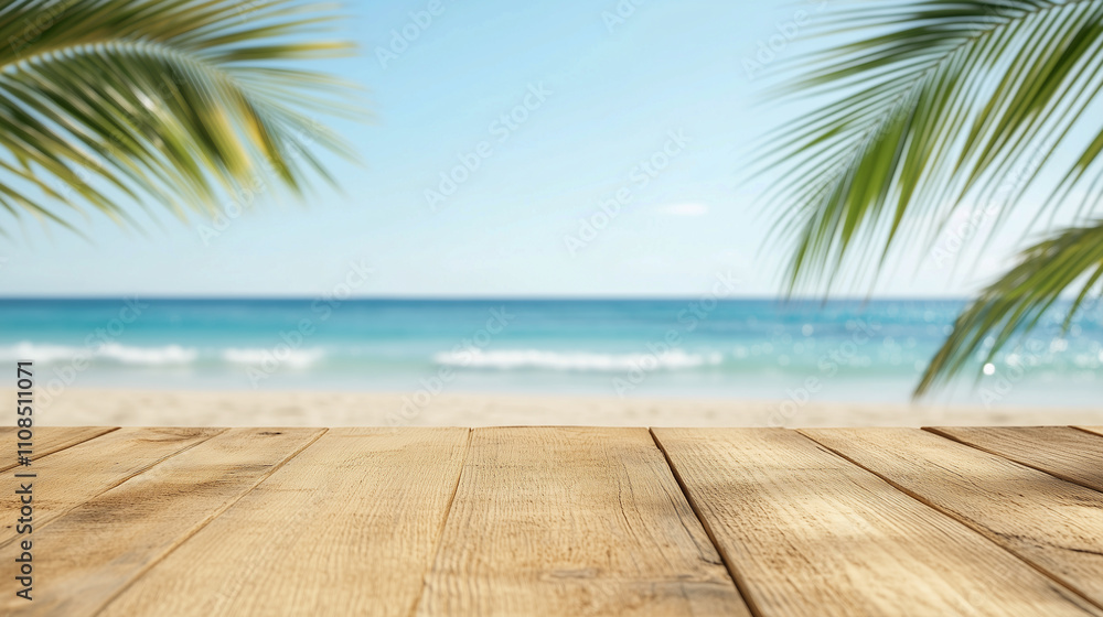 Fototapeta premium Top of wood table with seascape and palm leaves, blur bokeh light of calm sea and sky at tropical beach background. Empty ready for your product display montage. summer vacation background concept