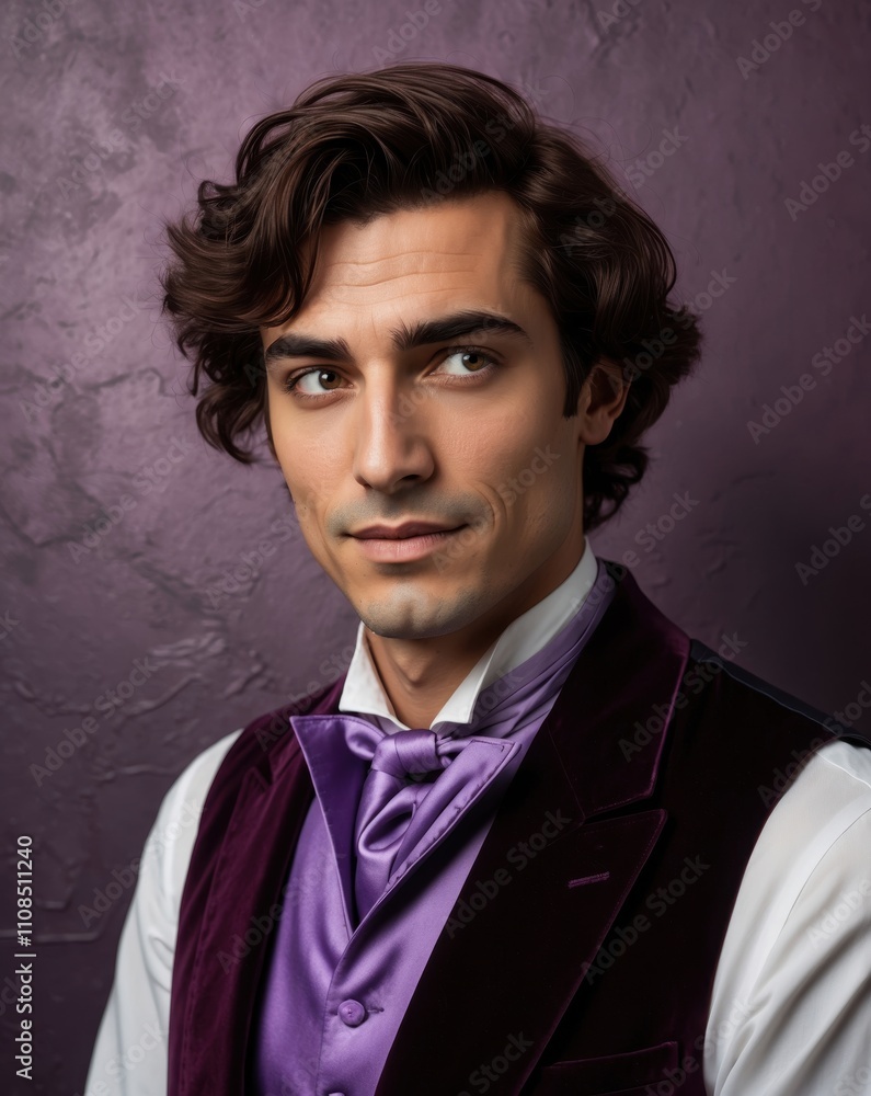 Obraz premium Elegant Man in Purple Attire with Mysterious Expression