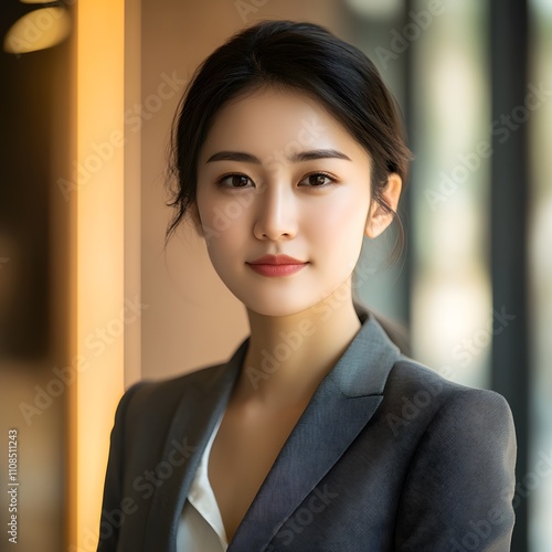 A portrait of a young Asian businessman in formal wear, exuding confidence and professionalism, with an isolated background emphasizing his poised and assertive demeanor. photo