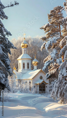 A serene winter landscape featuring a snow-covered church surrounded by frosty trees under a clear blue sky. photo