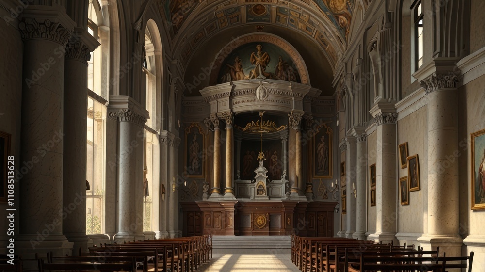 Obraz premium Sunlit interior of a grand chapel with ornate altar, columns, and pews.