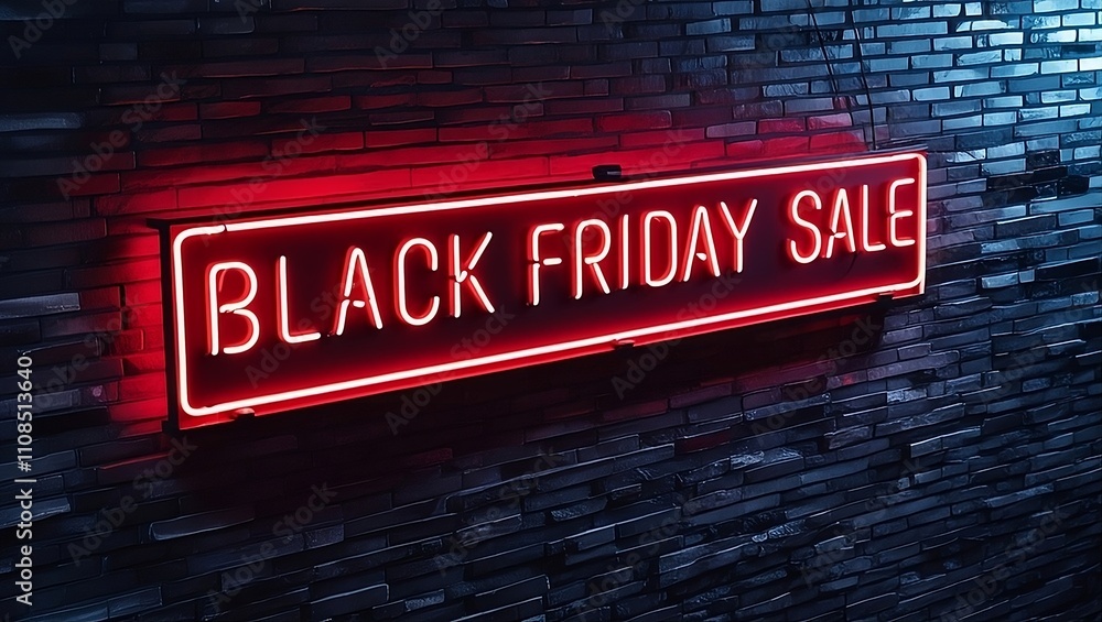 Fototapeta premium Red neon 'Black Friday Sale' sign glowing against a dark brick wall, bold and eye-catching design