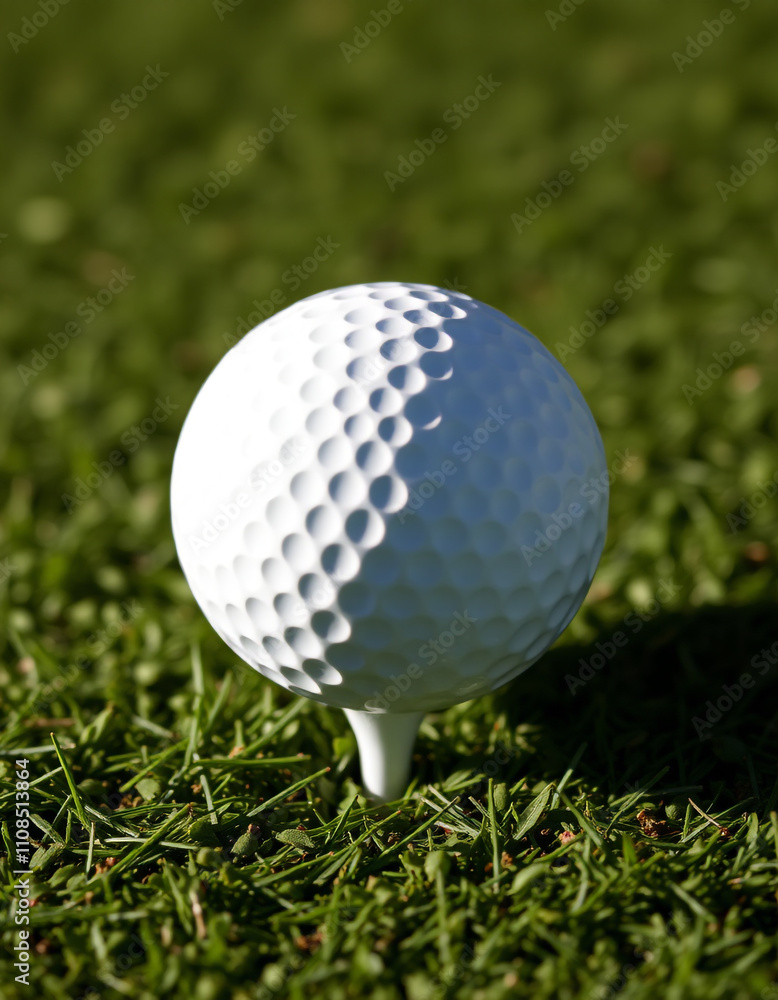 Close-Up of Golf Ball on Tee in a Green Golf Course, Perfect Shot Setup. Close-Up of Golf Ball on Tee in a Green Golf Course, Perfect Shot Setup.
