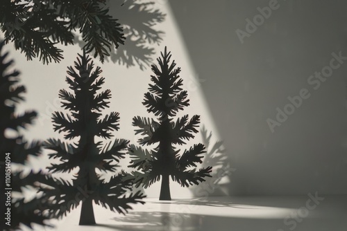 Paper pine trees white background and shadow