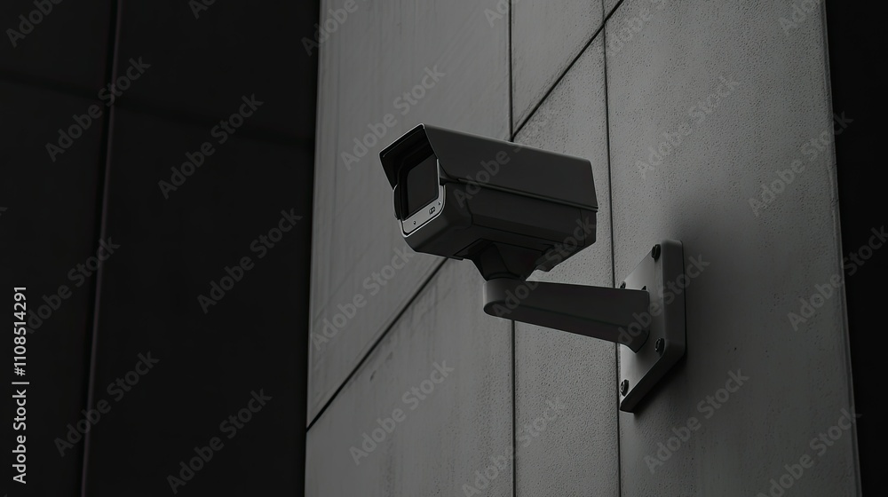 Modern Surveillance Camera Mounted on a Vertical Wall of a Contemporary Building, Emphasizing Security and Safety in Urban Environments Modern Surveillance Camera Mounted on a Vertical Wall of a Contemporary Building, Emphasizing Security and Safety in Urban Environments