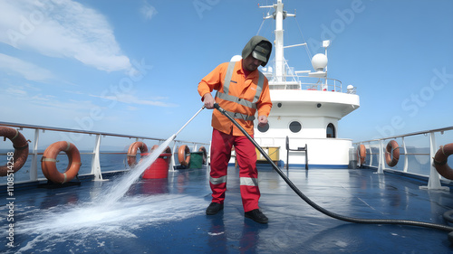 A ship cleaner scrubbing the deck of a vessel with a high-pressure hose under the open sky