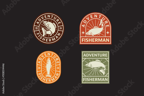sea trout fish with various poses vintage badge logo design set. trout fish with some poses retro illustration emblem design element collection for fish shop, fishing sport and competition