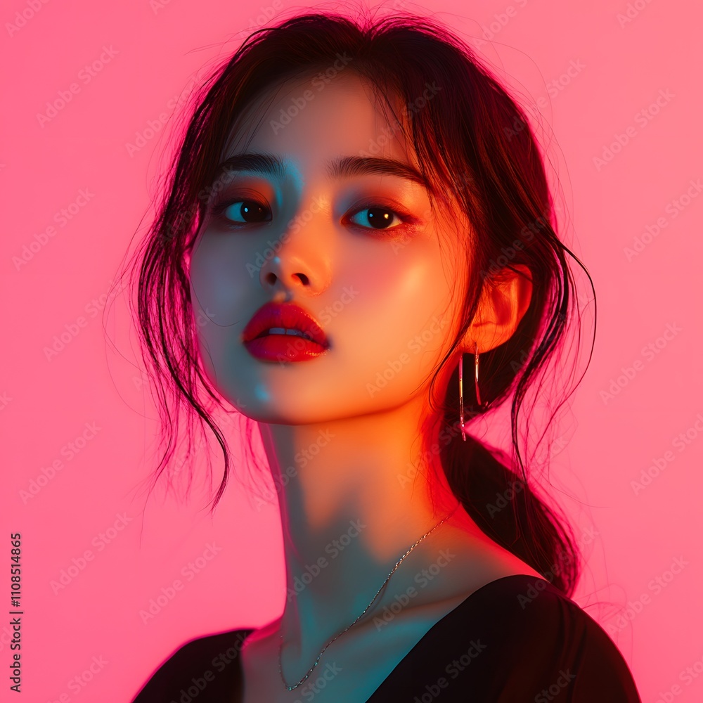Fototapeta premium A portrait showcasing the stylish, elegant beauty and fashionable charm of a young Asian woman, emphasizing her grace and modern sense of style.