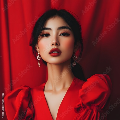 A portrait showcasing the stylish, elegant beauty and fashionable charm of a young Asian woman, emphasizing her grace and modern sense of style. photo