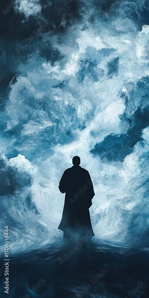 Obraz premium A man stands in the middle of a stormy ocean, with the sky above him filled with dark clouds. The scene is filled with a sense of danger and uncertainty, as the man is alone