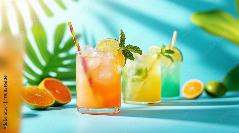 Fototapeta premium Vibrant tropical cocktails in colorful glasses, garnished with lime and mint, set against a blue background with sunny highlights.